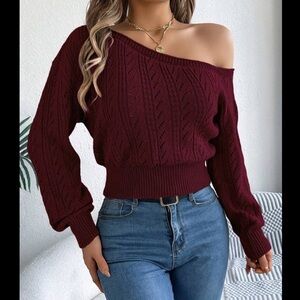 🌺 SHEIN WOMENS SIZE SMALL CRANBERRY ASYMMETRICAL SHOULDER CROPPED SWEATER